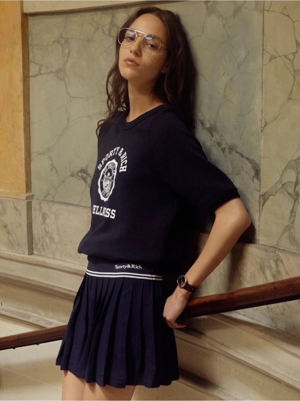 SPORTY & RICH • Abigail Navy White Pleated Mini Skirt